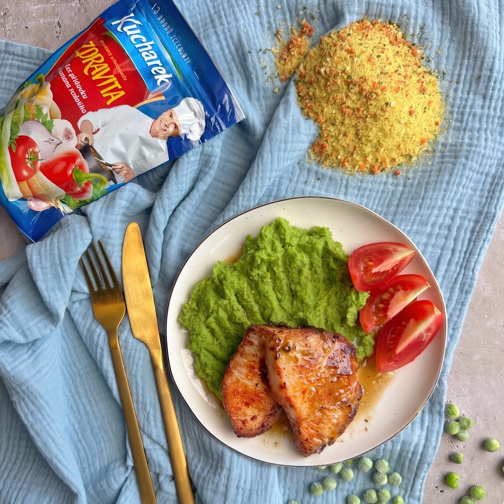 Krůtí steak z horkovzdušné fritézy se svěžím hráškovým pyré