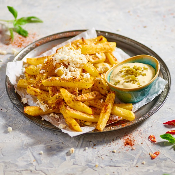 Pečené hranolky s domácí majonézou a sýrem feta